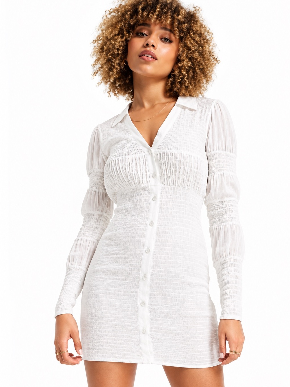 ASOS DESIGN White Smocked Button Front Long Sleeve Mini Shirt Dress